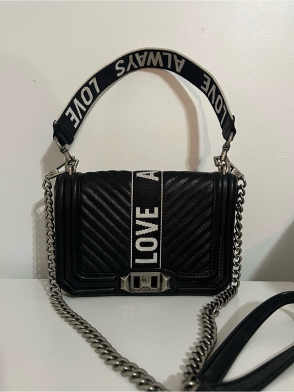 Rebecca Minkoff Black Quilted Crossbody Bag with 'LOVE' Strap

With dust bag